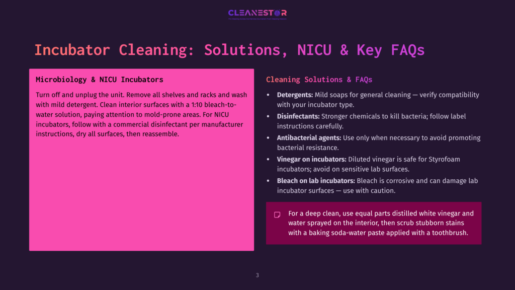 Infographic Displaying Microbiology And Nicu Incubator Cleaning Instructions, Including Steps To Turn Off And Unplug The Unit, Remove Shelves And Racks, Clean With Mild Detergent, And Dry All Surfaces Before Reassembling.