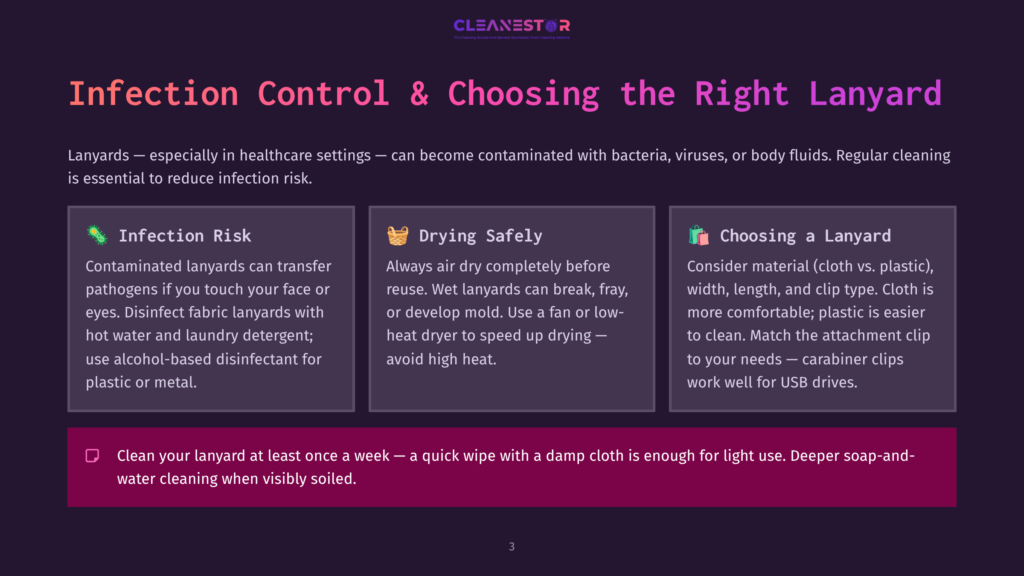 A Website Page With Sections On Infection Control And Choosing The Right Lanyard. The Top Of The Page Features A Title &Quot;Infection Control &Amp; Choosing The Right Lanyard&Quot; In Bold Text. Three Key Points Are Highlighted: &Quot;Infection Risk&Quot;, &Quot;Drying Safely&Quot;, And &Quot;Choosing A Lanyard&Quot;.