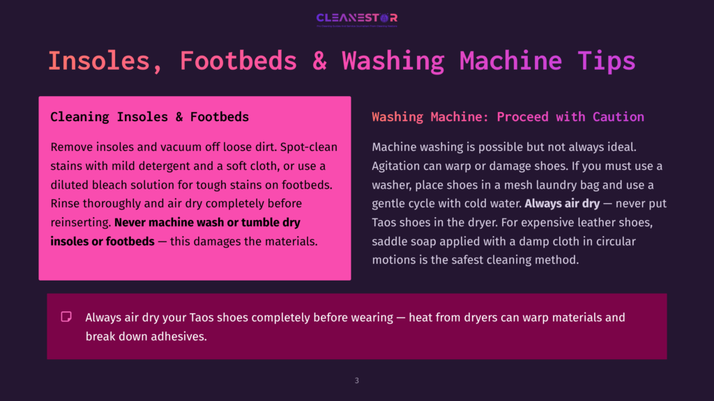Text Overlay On A Dark Purple Background With Pink And Magenta Sections. The Text Discusses Cleaning Insoles, Footbeds, And Washing Machine Tips, With Instructions For Cleaning Insoles And Washing Machine Use.