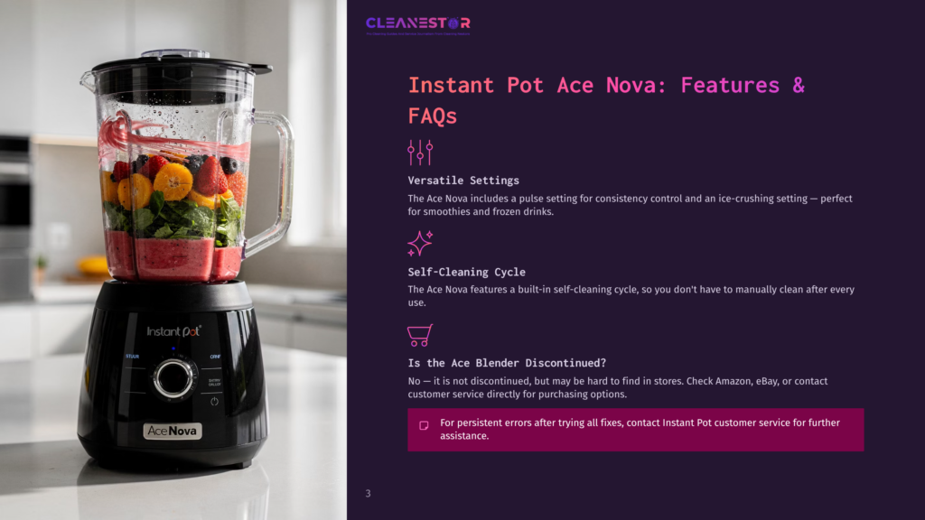Instant Pot Ace Nova Blender Filled With Colorful Fruits And Ice, Ready For Blending. The Blender Features A Clear Pitcher And A Black Base With A Digital Display And Buttons.