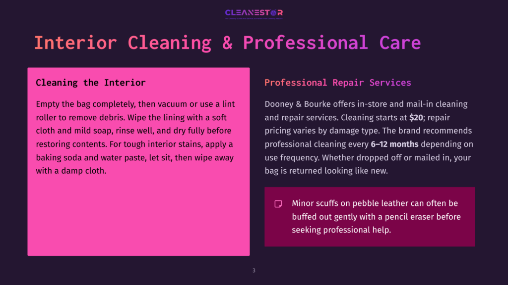 Interior Cleaning And Professional Repair Services For Bags. Text Details How To Clean A Bag And Mentions Professional Cleaning Options Starting At $20.