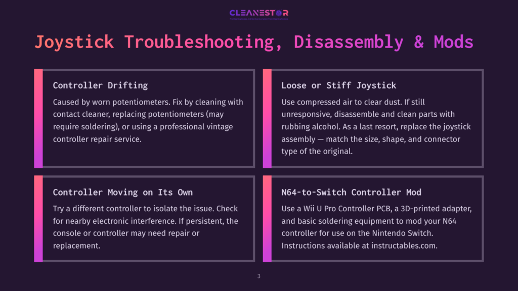 A Dark Purple Slide Titled &Quot;Joystick Troubleshooting, Disassembly &Amp; Mods&Quot; With Four Sections Detailing Common Joystick Issues And Solutions, Including &Quot;Controller Drifting,&Quot; &Quot;Loose Or Stiff Joystick,&Quot; &Quot;Controller Moving On Its Own,&Quot; And &Quot;N64-To-Switch Controller Mod.