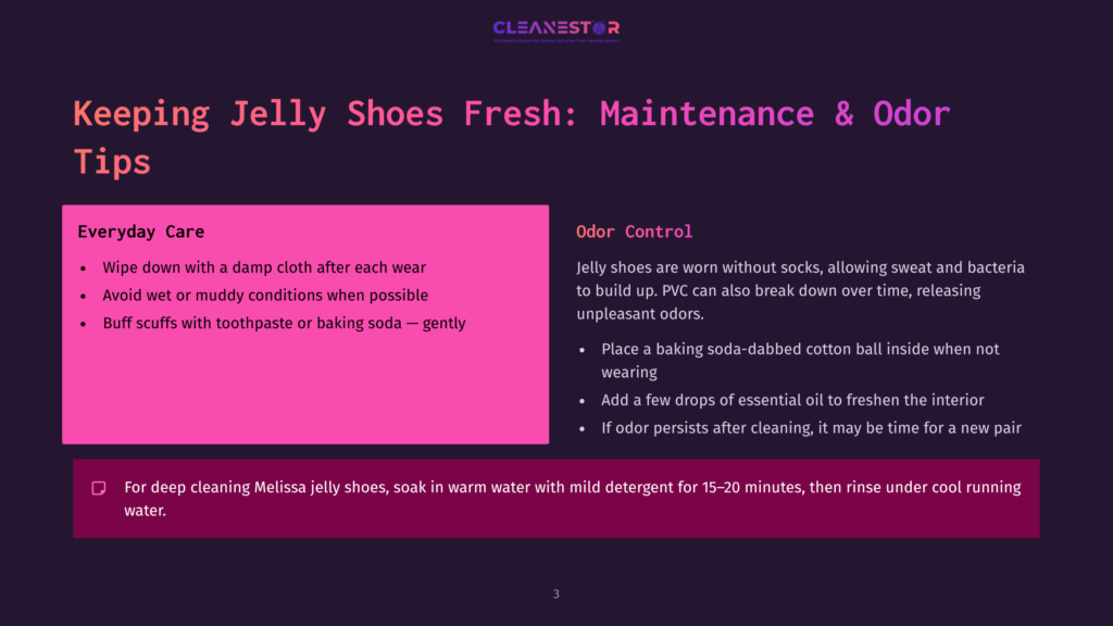 Keeping Jelly Shoes Fresh: Maintenance &Amp; Odor Tips. Includes Tips For Everyday Care Like Wiping With A Damp Cloth And Odor Control With Baking Soda.