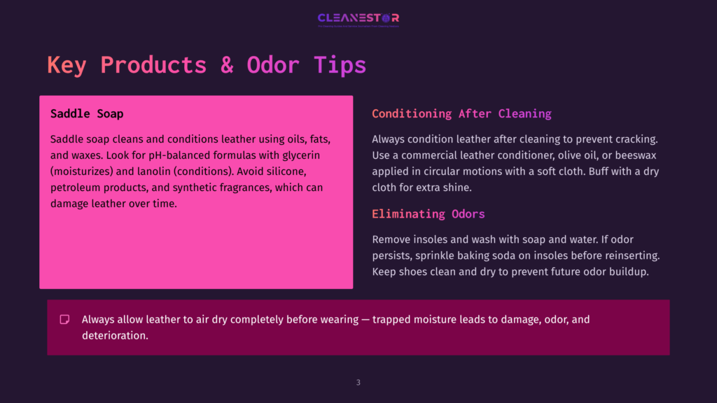 Cleanestor Logo With Text &Quot;Pro Cleaning Services And Solutions&Quot;. Slide Title: &Quot;Key Products &Amp; Odor Tips&Quot;. Pink Section: &Quot;Saddle Soap&Quot; With Product Description. White Section: &Quot;Conditioning After Cleaning&Quot; And &Quot;Eliminating Odors&Quot; With Instructions.