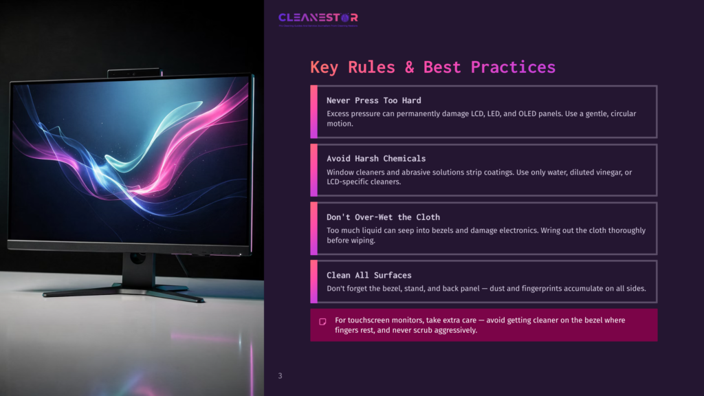 Cleanestor Logo And &Quot;Key Rules &Amp; Best Practices&Quot; Text Overlayed On A Monitor Displaying Abstract Pink And Blue Light Swirls. The Monitor Is On A Stand Against A Dark Background.
