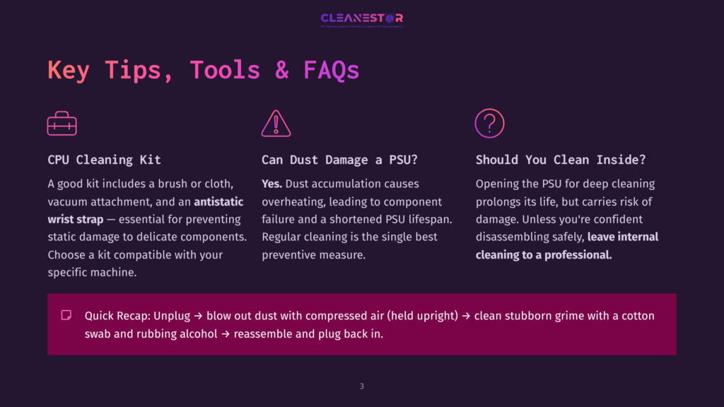 3 Key Tips Tools And Faqs A Purple Background Displays Three Icons: A Toolbox For A Cpu Cleaning Kit, A Warning Sign For Can Dust Damage A Psu?, And A Question Mark For Should You Clean Inside? Text Explains The Importance Of Cleaning Computer Components To Prevent Damage.