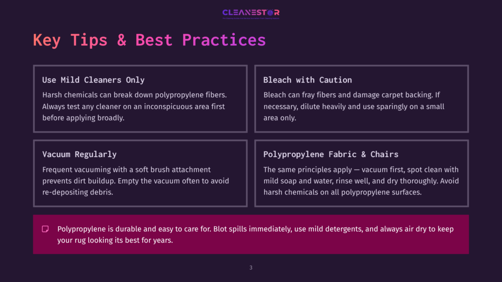 Infographic With Tips For Cleaning Polypropylene Rugs: Use Mild Cleaners, Bleach With Caution, Vacuum Regularly, And Clean Polypropylene Fabric &Amp; Chairs. Text Includes &Quot;Cleanestor&Quot; Logo.
