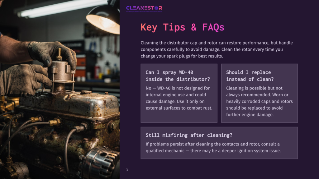 Close-Up Of A Mechanic'S Gloved Hands Cleaning A Car'S Distributor Cap And Rotor, With A Workshop In The Background. Text Overlay Includes &Quot;Key Tips &Amp; Faqs&Quot; And &Quot;Cleanestor&Quot;.