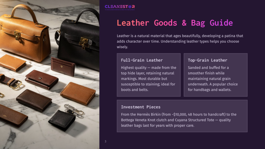 A Luxurious Collection Of Brown Leather Goods Including Handbags, Wallets, And A Key Holder, Displayed On A Marble Surface. Text Overlay Reads &Quot;Cleanestor Leather Goods &Amp; Bag Guide&Quot;.