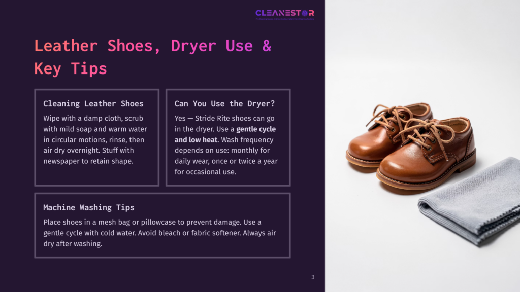 Two Clean, Polished Brown Leather Children'S Dress Shoes Sit On A Dark Surface Next To A Folded Gray Microfiber Cleaning Cloth.