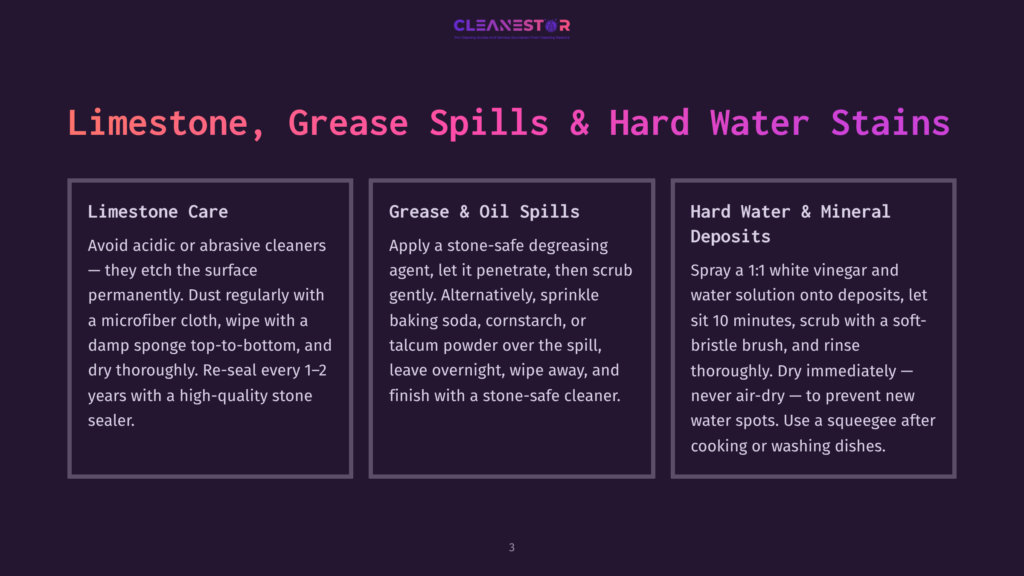 Cleanestor Logo And Graphic Explaining How To Clean Limestone, Grease Spills, And Hard Water Stains. The Graphic Is Divided Into Three Columns: Limestone Care, Grease &Amp; Oil Spills, And Hard Water &Amp; Mineral Deposits.