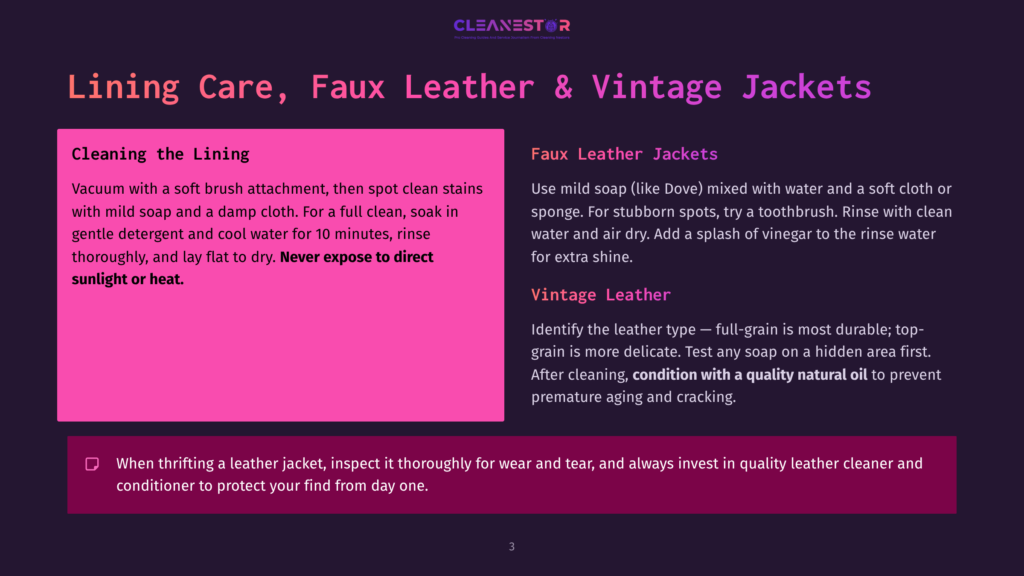 Cleanestor Logo Above Text Detailing How To Care For Faux Leather And Vintage Leather Jackets, Including Cleaning The Lining And Spot Cleaning.