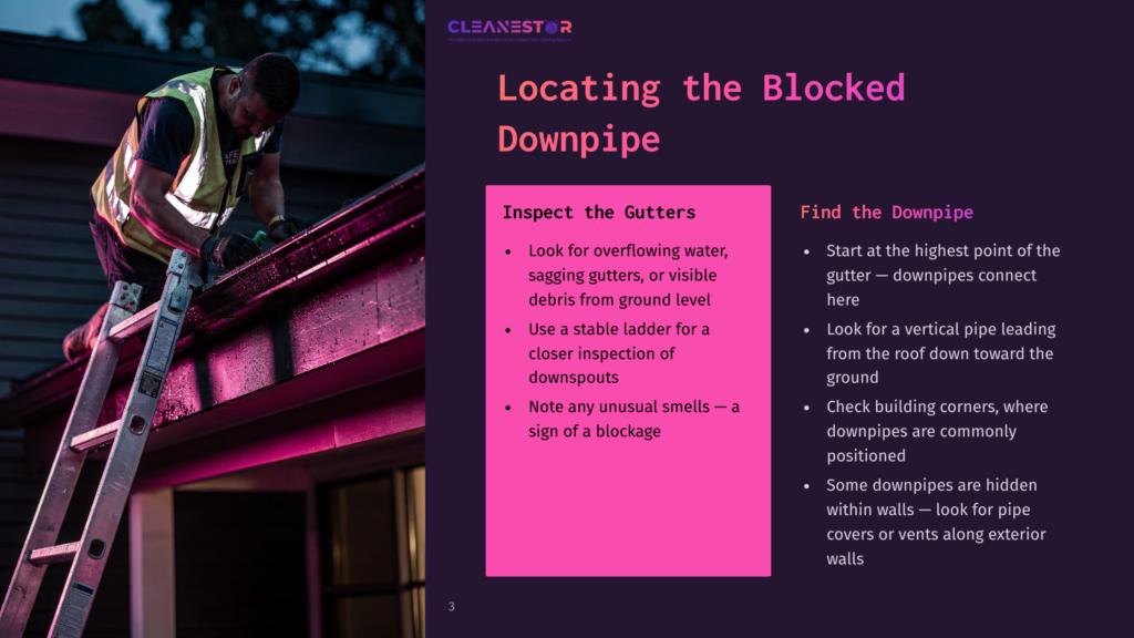 3 Locating The Blocked Downpipe A Worker In A High-Visibility Vest Stands On A Ladder, Inspecting A Clogged Gutter And Downpipe On A House. The Scene Is Illuminated By Pink Light.
