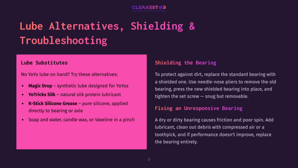 A Dark Purple Slide With The Title &Quot;Lube Alternatives, Shielding &Amp; Troubleshooting&Quot; And &Quot;Cleanestor&Quot; Logo. Left Side Lists &Quot;Lube Substitutes&Quot; With Bullet Points: Magic Drop, Yotricks Silk, K-Stick Silicone Grease, And Soap/Water/Candle Wax/Vaseline. Right Side Details &Quot;Shielding The Bearing&Quot; And &Quot;Fixing An Unresponsive Bearing.