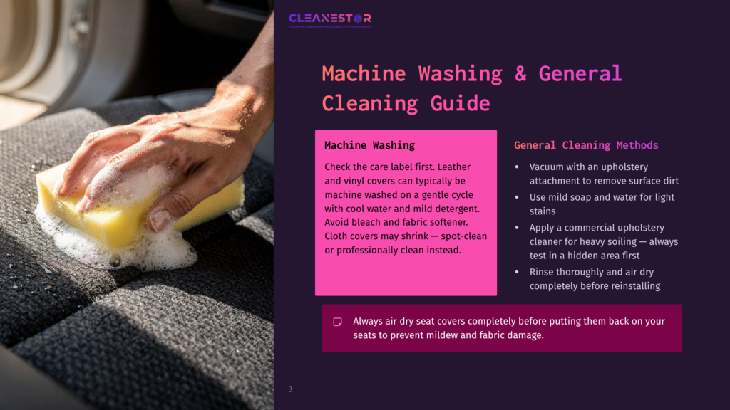 Close-Up Of A Hand Gently Cleaning A Car Seat With A Yellow Sponge And White Soap Suds. The Image Is Part Of A &Quot;Machine Washing &Amp; General Cleaning Guide&Quot; From Cleanestor.