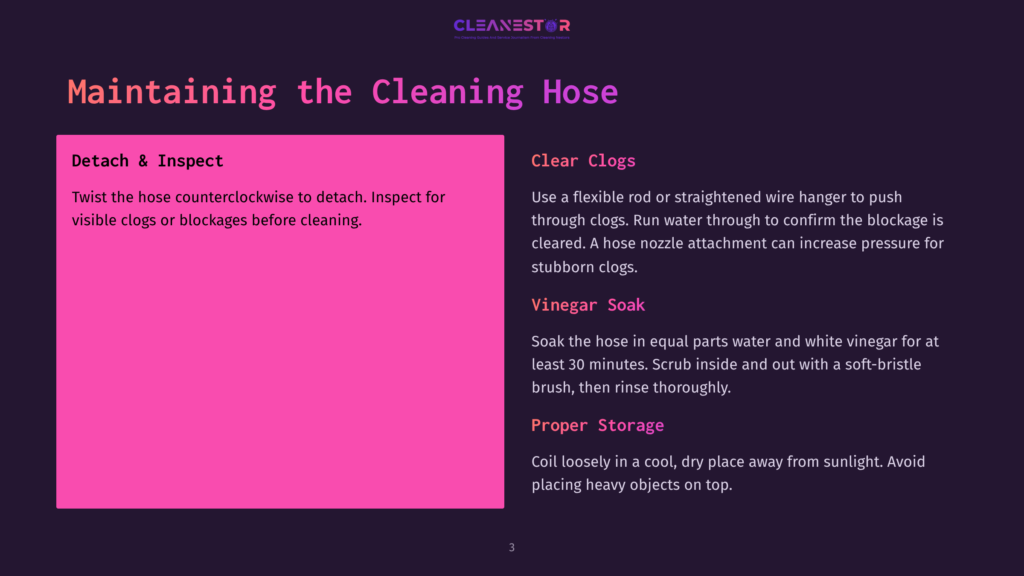 A Slide Titled &Quot;Maintaining The Cleaning Hose&Quot; With Sections On &Quot;Detach &Amp; Inspect&Quot;, &Quot;Clear Clogs&Quot;, &Quot;Vinegar Soak&Quot;, And &Quot;Proper Storage&Quot;, Featuring Detailed Instructions For Hose Maintenance.