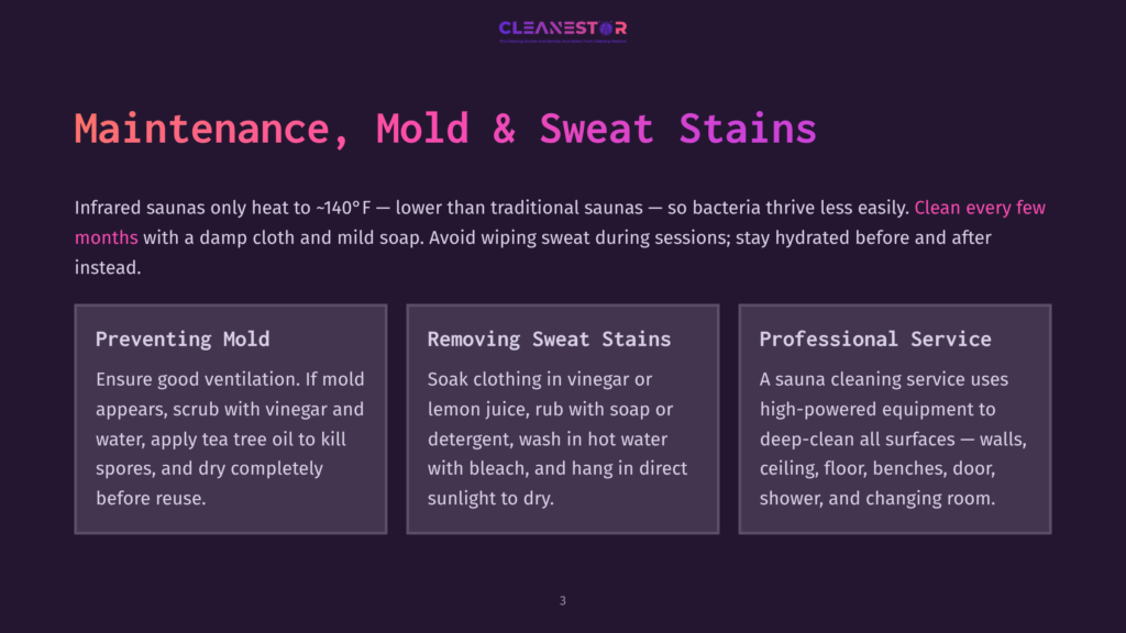 Cleanestor Logo And Text About Maintenance For Infrared Saunas, Mold, And Sweat Stains. Three Columns Detail Preventing Mold, Removing Sweat Stains, And Professional Sauna Cleaning Services.