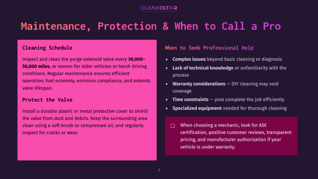 Dark Purple Background With A Pink Rectangle On The Left Containing Text About Cleaning Schedules And Protecting The Valve. A White Text Box On The Right Lists Reasons To Seek Professional Help, Including &Quot;Complex Issues,&Quot; &Quot;Lack Of Technical Knowledge,&Quot; &Quot;Warranty Considerations,&Quot; And &Quot;Specialized Equipment.
