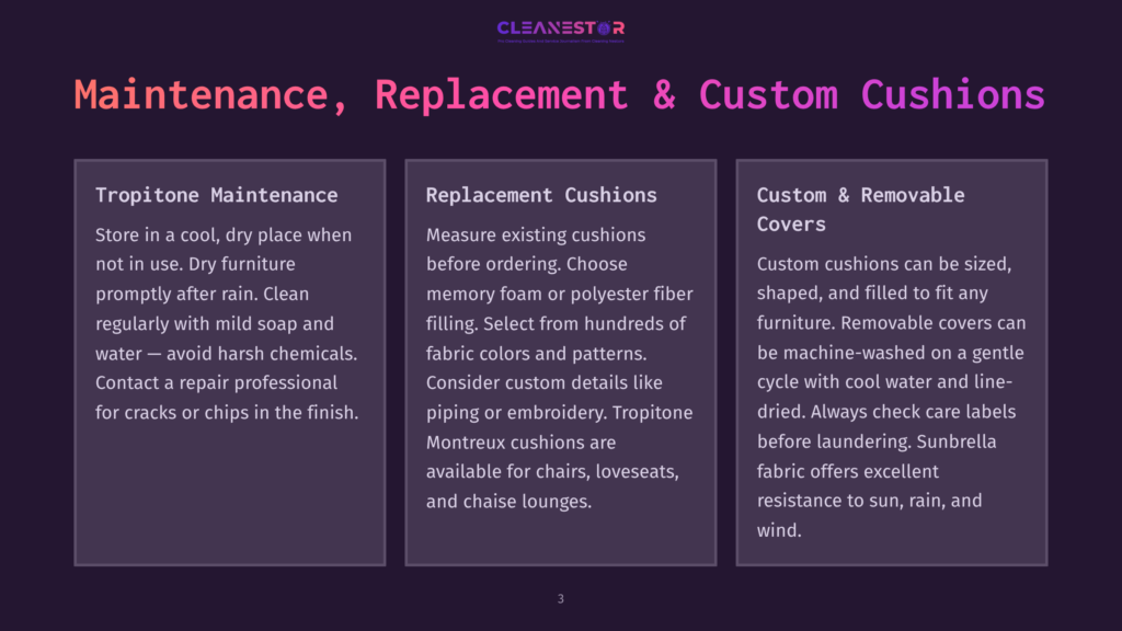 Three Sections Detailing Furniture Care And Custom Cushions: &Quot;Tropolitone Maintenance,&Quot; &Quot;Replacement Cushions,&Quot; And &Quot;Custom &Amp; Removable Covers.