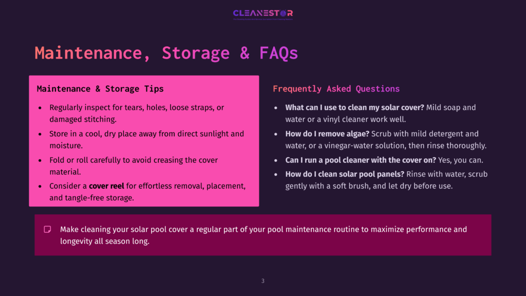 Cleanestor Logo At The Top Of A Dark Purple Graphic With Text About Solar Cover Maintenance, Storage, And Frequently Asked Questions. The Graphic Includes Bullet Points With Tips.