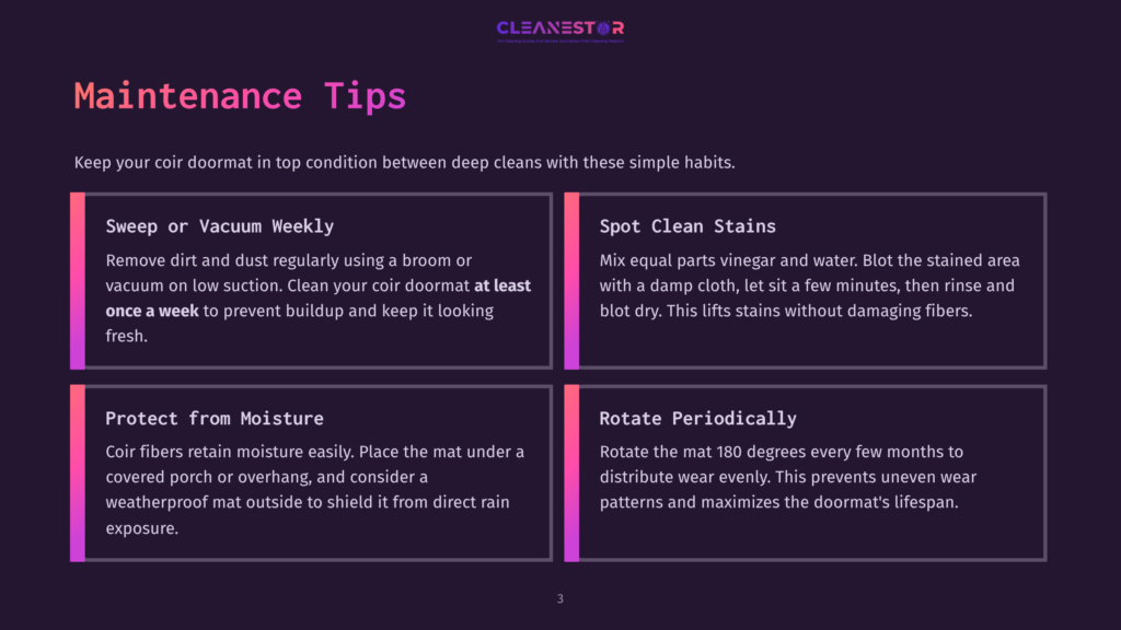 A Dark Purple Graphic With The Text &Quot;Cleanestor&Quot; At The Top And &Quot;Maintenance Tips&Quot; In Large White Text Below. The Graphic Lists Four Coir Doormat Maintenance Tips: Sweep Or Vacuum Weekly, Spot Clean Stains, Protect From Moisture, And Rotate Periodically.