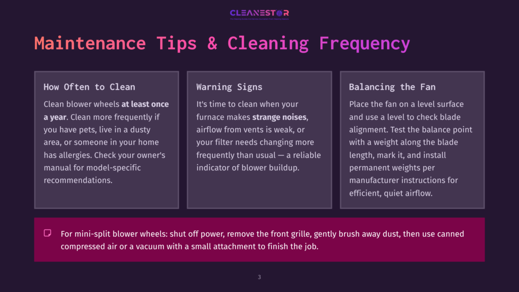 A Graphic Displays &Quot;Maintenance Tips &Amp; Cleaning Frequency&Quot; With Three Columns: &Quot;How Often To Clean,&Quot; &Quot;Warning Signs,&Quot; And &Quot;Balancing The Fan.&Quot; A Note At The Bottom Reads, &Quot;For Mini-Split Blower Wheels: Shut Off Power, Remove The Front Grille, Gently Brush Away Dust, Then Use Canned Compressed Air Or A Vacuum With A Small Attachment To Finish The Job.