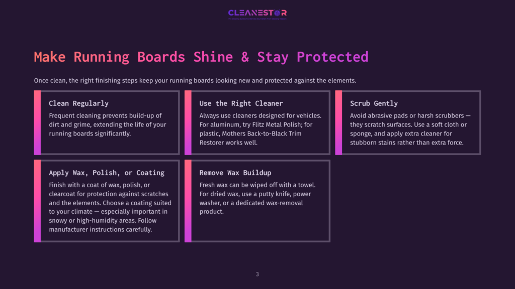 A Clean, Vibrant Infographic With A Purple Background Provides Instructions On How To Maintain Running Boards. The Title &Quot;Make Running Boards Shine &Amp; Stay Protected&Quot; Is Displayed Prominently In White Font. Four Sections Offer Advice On Cleaning Regularly, Using The Right Cleaner, Scrubbing Gently, And Applying Wax, Polish, Or Coating.