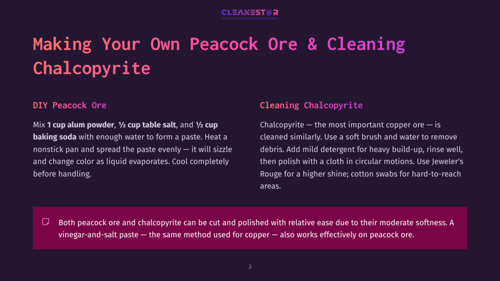 3 Making Your Own Peacock Ore And Cleaning Chalcopyrite Text On A Dark Purple Background With A Gradient Effect, Detailing How To Make Peacock Ore And Chalcopyrite Cleaning Paste, With Instructions For Both Diy And Cleaning Methods.