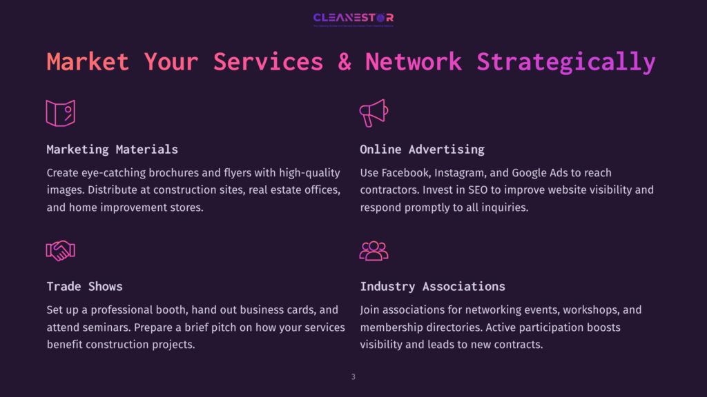 3 Market Your Services And Network Strategically A Dark Purple Slide With The Title &Quot;Market Your Services &Amp; Network Strategically&Quot; And Four Sections: Marketing Materials, Online Advertising, Trade Shows, And Industry Associations, Each With An Icon And Descriptive Text.