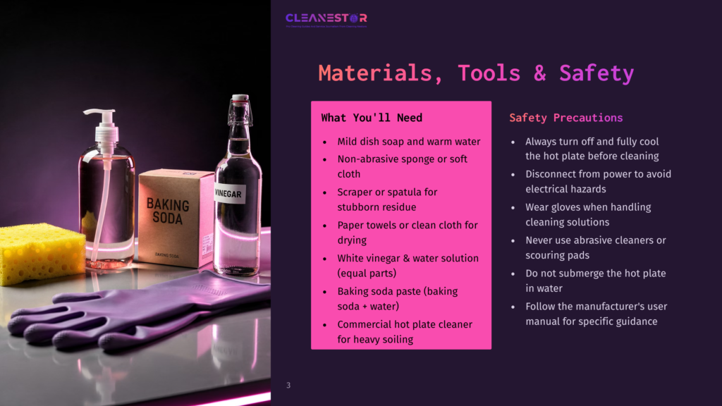 3 Materials Tools And Safety Cleaning Supplies For A Hot Plate: Baking Soda, Vinegar, Dish Soap, Sponge, Gloves, And Paper Towels. Text Lists Materials, Tools, And Safety Precautions.