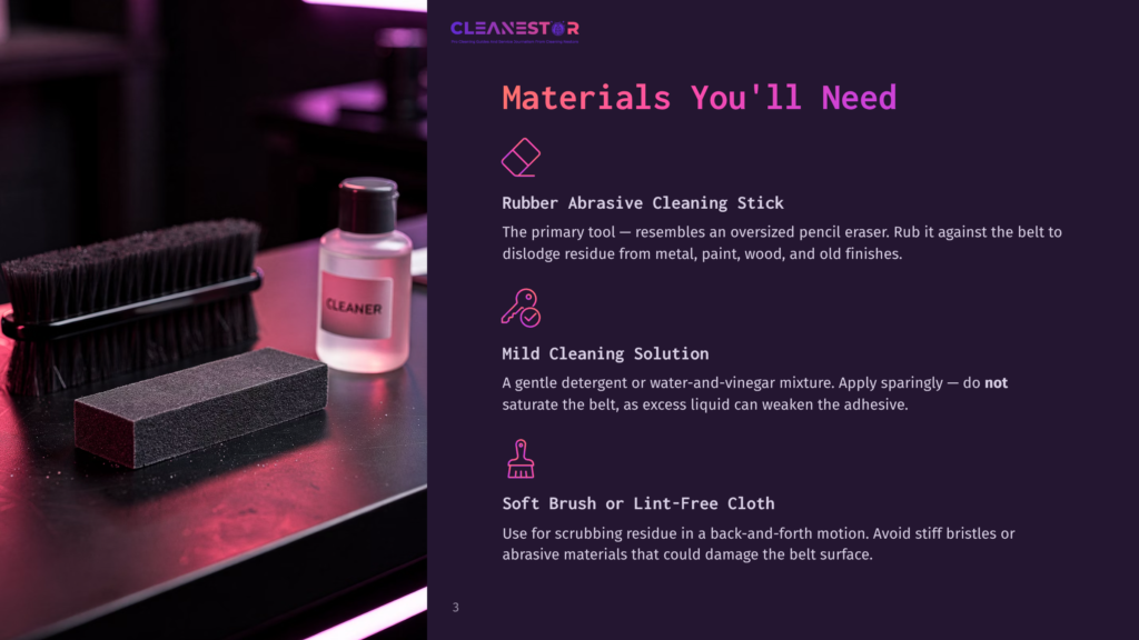 A Cleaning Kit For A Belt Cleaner Includes A Rubber Abrasive Cleaning Stick, A Bottle Of Mild Cleaning Solution, And A Soft Brush Or Lint-Free Cloth. Text On The Image Reads &Quot;Cleanestor&Quot; And &Quot;Materials You'Ll Need.