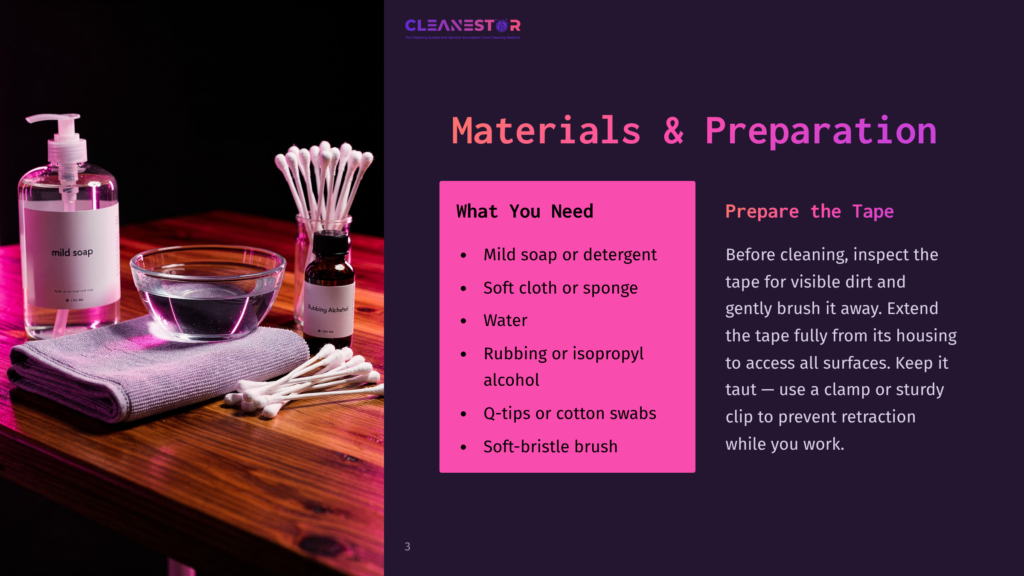 A Flat Lay Of Cleaning Supplies On A Wooden Table: A Pump Bottle Of Mild Soap, A Glass Bowl Of Clear Liquid, A Stack Of Soft Cloths, Cotton Swabs, And A Small Bottle Labeled &Quot;Rubbing Alcohol.