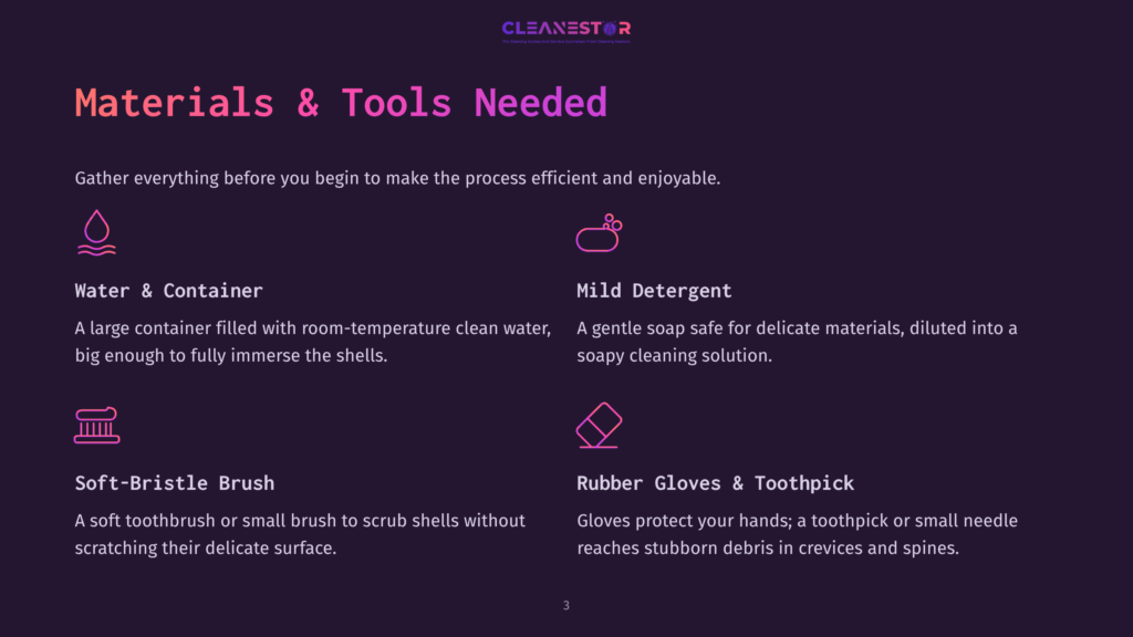 3 Materials And Tools Needed A Dark Purple Background Displays A Title &Quot;Materials &Amp; Tools Needed&Quot; And Lists Items For Cleaning: A Water Droplet Icon Labeled &Quot;Water &Amp; Container,&Quot; A Soap Icon Labeled &Quot;Mild Detergent,&Quot; A Brush Icon Labeled &Quot;Soft-Bristle Brush,&Quot; And A Glove And Toothpick Icon Labeled &Quot;Rubber Gloves &Amp; Toothpick.