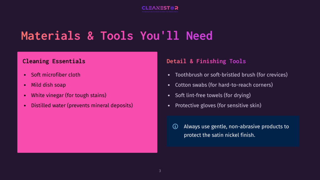 A Dark Purple Background Displays A Presentation Slide Titled &Quot;Materials &Amp; Tools You'Ll Need&Quot; With Two Sections: &Quot;Cleaning Essentials&Quot; And &Quot;Detail &Amp; Finishing Tools,&Quot; Listing Items Like Microfiber Cloths And Distilled Water.