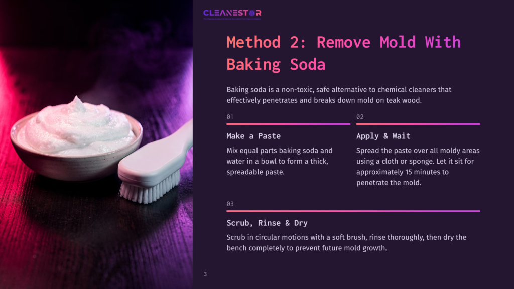 Method 2: Remove Mold With Baking Soda. A Bowl Of White Baking Soda Paste And A Cleaning Brush Sit On A Dark, Textured Surface, Illuminated By Purple And Pink Light.