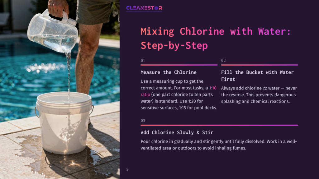 A Person Pours Liquid Chlorine From A Large Plastic Jug Into A White Bucket Near A Swimming Pool, With Instructions For Mixing Chlorine With Water Displayed On The Right.