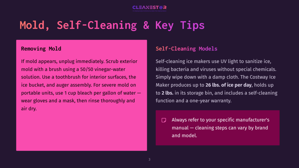 3 Mold Self Cleaning And Key Tips A Pink Background Displays The Text &Quot;Mold, Self-Cleaning &Amp; Key Tips.&Quot; It Includes Sections Titled &Quot;Removing Mold&Quot; And &Quot;Self-Cleaning Models.&Quot; The &Quot;Removing Mold&Quot; Section Advises Unclogging, Scrubbing With A Vinegar-Water Solution, And Using A Toothbrush For Interior Surfaces. The &Quot;Self-Cleaning Models&Quot; Section Mentions That Self-Cleaning Ice Makers Use Uv Light To Sanitize Ice And Can Hold Up To 26 Lbs. Of Ice Per Day.
