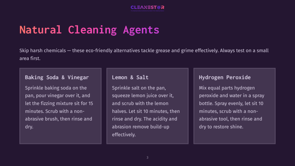 Natural Cleaning Agents: Baking Soda &Amp; Vinegar, Lemon &Amp; Salt, And Hydrogen Peroxide Cleaning Solutions Are Described With Instructions For Use On A Dark Background With The Cleanestor Logo.