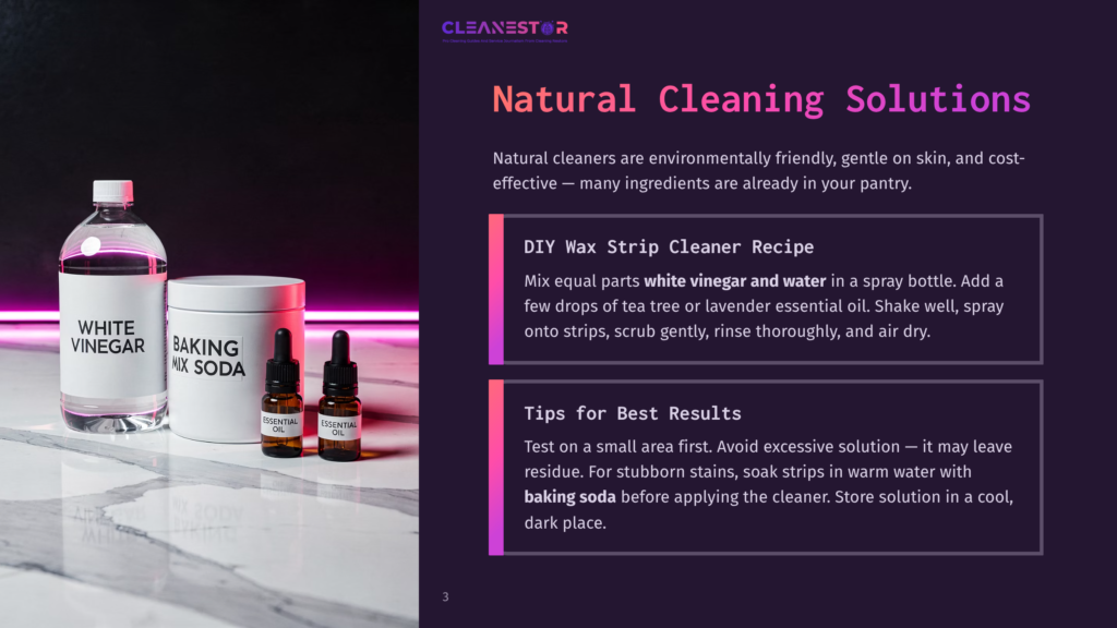 An Infographic On Natural Cleaning Solutions Featuring A Bottle Of White Vinegar, A Jar Of Baking Soda, And Two Bottles Of Essential Oils On A Marble Surface.