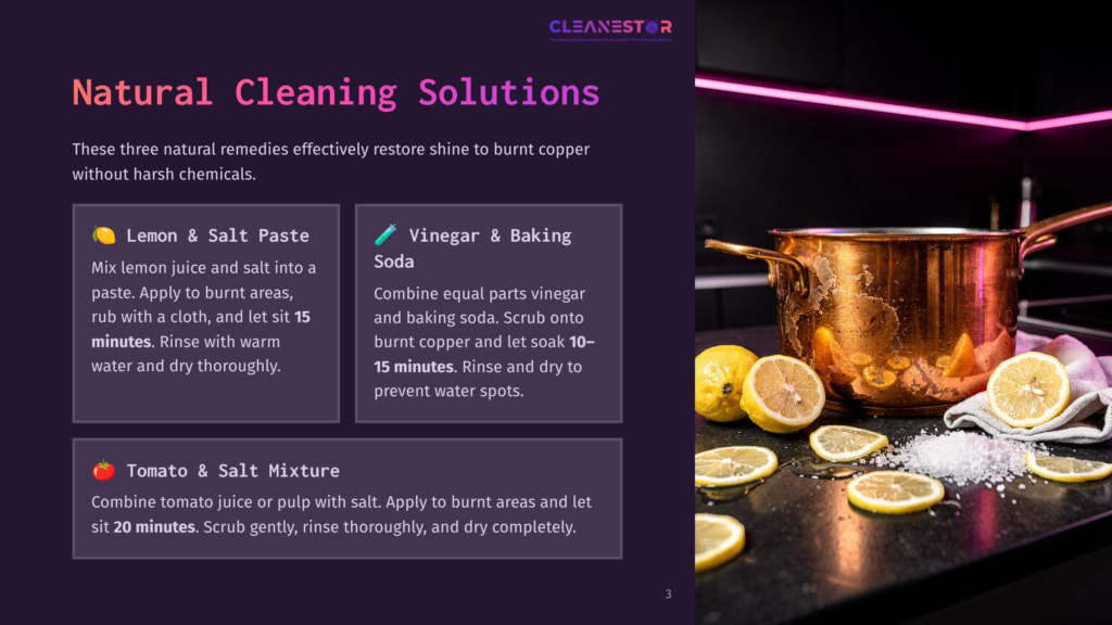 A Tarnished Copper Pot Sits On A Dark Countertop, Surrounded By Sliced Lemons And A Pile Of White Salt And Baking Soda, Illustrating Natural Cleaning Solutions.