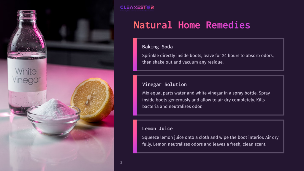 A Glass Bottle Of White Vinegar, A Bowl Of Baking Soda, And A Sliced Lemon Sit On A White Surface, With Text Overlay &Quot;Natural Home Remedies&Quot; And Tips For Cleaning Boots With Baking Soda, Vinegar Solution, And Lemon Juice.