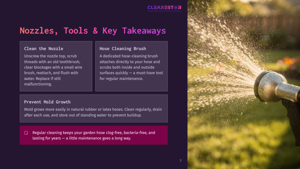 A Close-Up Of A Garden Hose Nozzle Spraying Water, With Text Overlay &Quot;Nozzles, Tools &Amp; Key Takeaways&Quot; And Tips For Cleaning And Preventing Mold Growth On Garden Hoses.