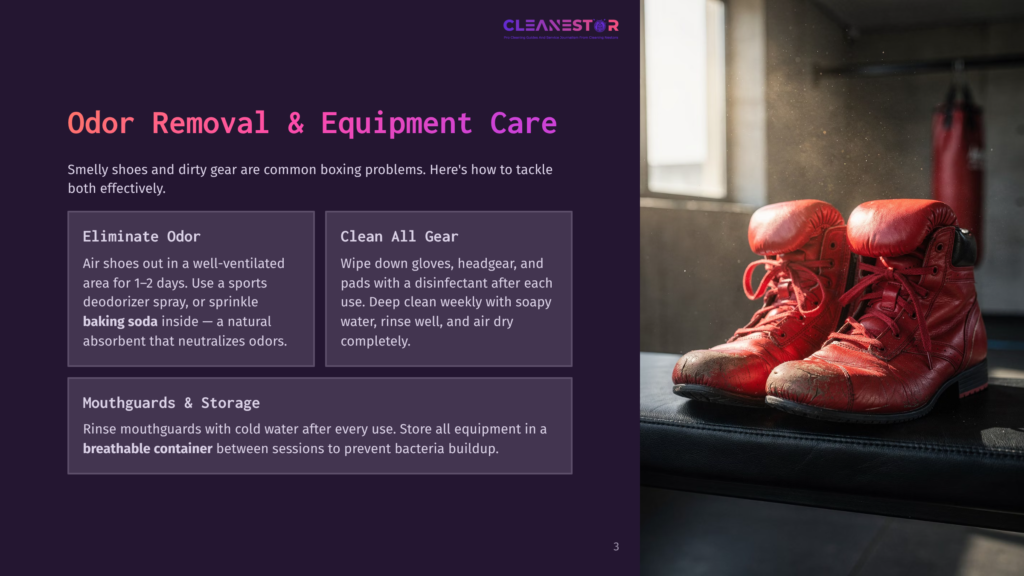 Close-Up Of Dirty, Red Boxing Boots On A Black Gym Bench, With A Punching Bag In The Blurred Background. The Text &Quot;Cleanestor&Quot; Is Visible In The Top Right Corner.