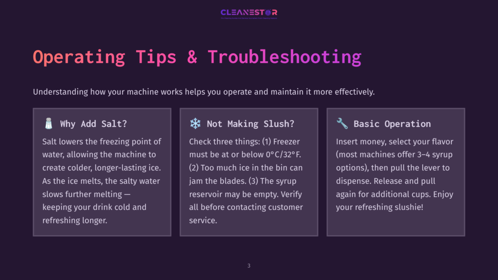 Operating Tips And Troubleshooting For A Slush Machine: Why Add Salt, Not Making Slush, And Basic Operation Instructions Are Displayed In Three Columns On A Dark Background With The Cleanestor Logo At The Top.