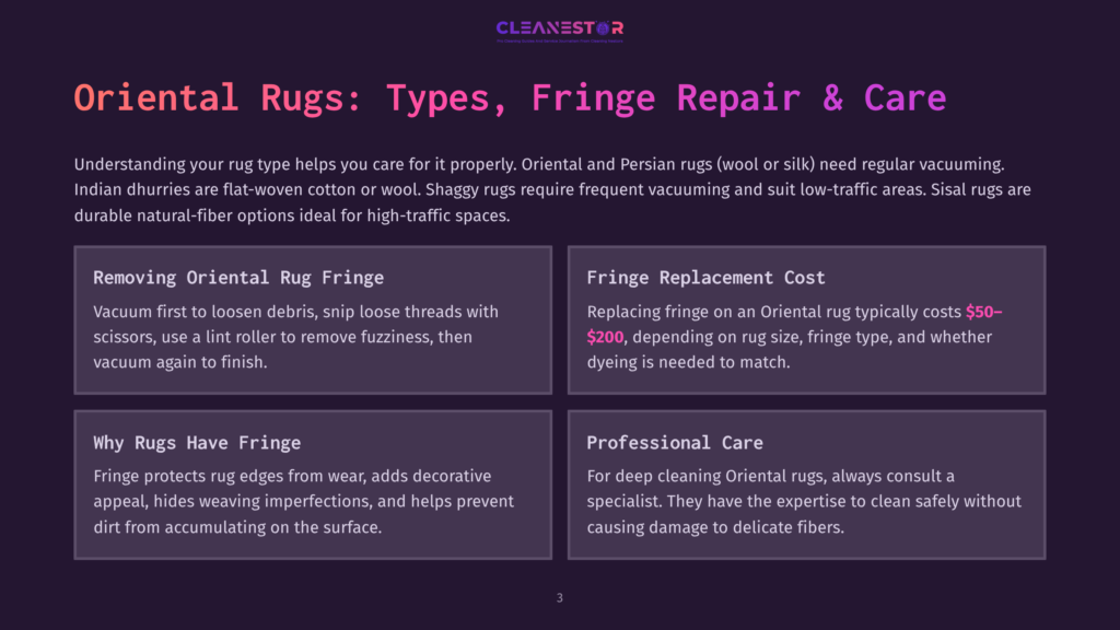 A Detailed Infographic On The Types, Fringe Repair, And Care Of Oriental Rugs. The Image Shows Sections On Removing Oriental Rug Fringe, Fringe Replacement Cost, And Professional Care, With Text Like &Quot;Removing Oriental Rug Fringe&Quot; And &Quot;Fringe Replacement Cost $50-$200&Quot; Displayed In Clean, Bold Font On A Dark Background.