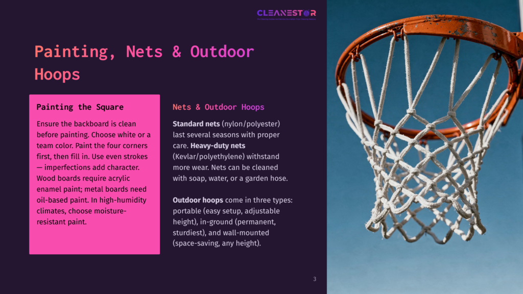 Close-Up Of A Basketball Net And Rim, With The Words &Quot;Cleanestor&Quot; And &Quot;Painting, Nets &Amp; Outdoor Hoops&Quot; Visible On A Dark Purple Background.