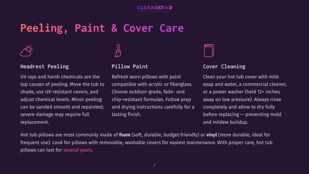 3 Peeling Paint And Cover Care Three Sections Of Text Titled &Quot;Headrest Peeling&Quot;, &Quot;Pillow Paint&Quot;, And &Quot;Cover Cleaning&Quot; With Icons Above Them. The Text Discusses Hot Tub Maintenance And Cover Care.
