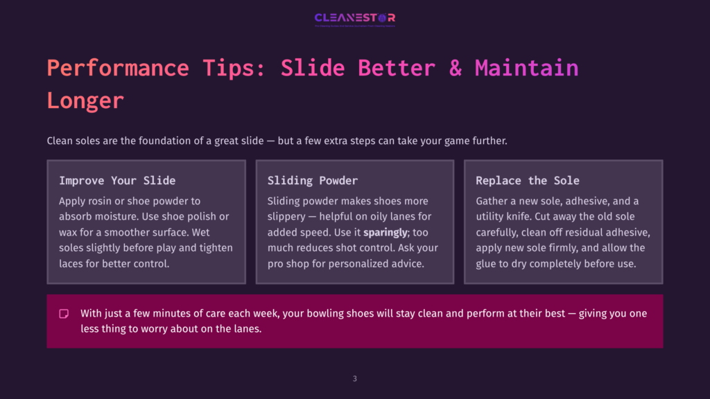 Infographic Titled &Quot;Performance Tips: Slide Better &Amp; Maintain Longer&Quot; With Sections On Improving Slide, Sliding Powder, And Replacing The Sole, Plus A Tip About Cleaning Bowling Shoes.
