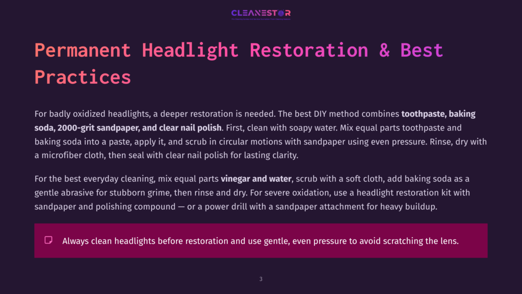 3 Permanent Headlight Restoration And Best Practices Cleanestor Logo With Text &Quot;Pro Cleaning Service And Device Restoration For Device Cleaning Solutions&Quot; Above A Title &Quot;Permanent Headlight Restoration &Amp; Best Practices&Quot; On A Dark Background.