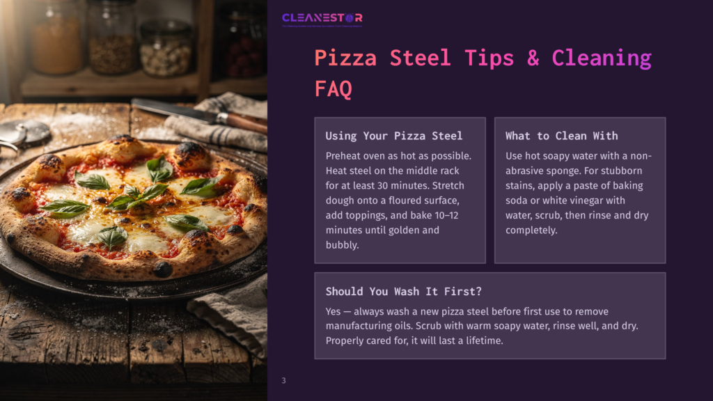 Pizza Steel Tips &Amp; Cleaning Faq: A Delicious, Golden-Brown Pizza With Melted Mozzarella And Fresh Basil Sits On A Rustic Wooden Surface Next To A Pizza Peel.